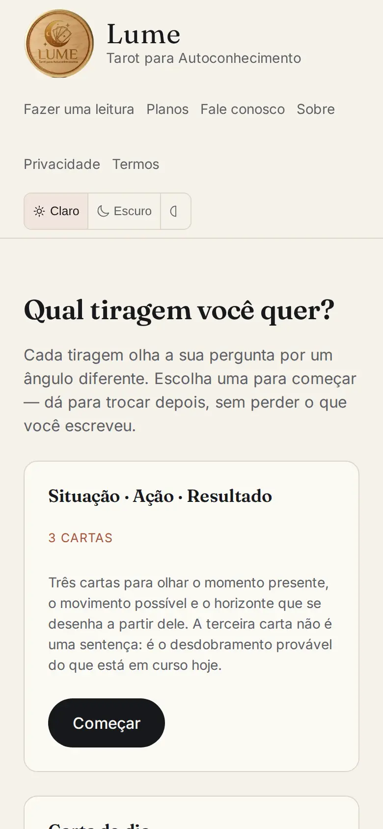 Tela de escolha da tiragem, com a lista dos jogos disponíveis e uma breve descrição de cada um.
