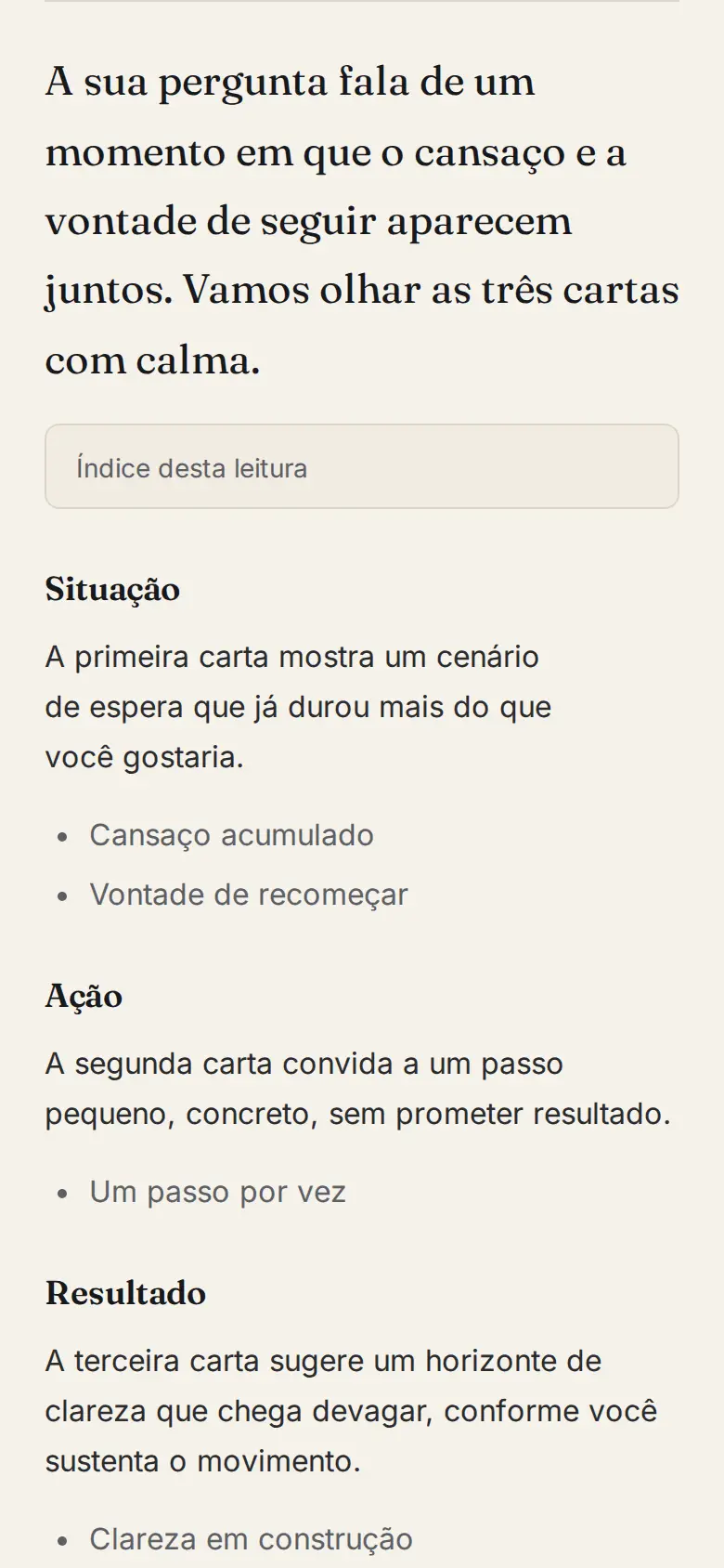 Leitura pronta, com o texto da interpretação e as cartas tiradas.